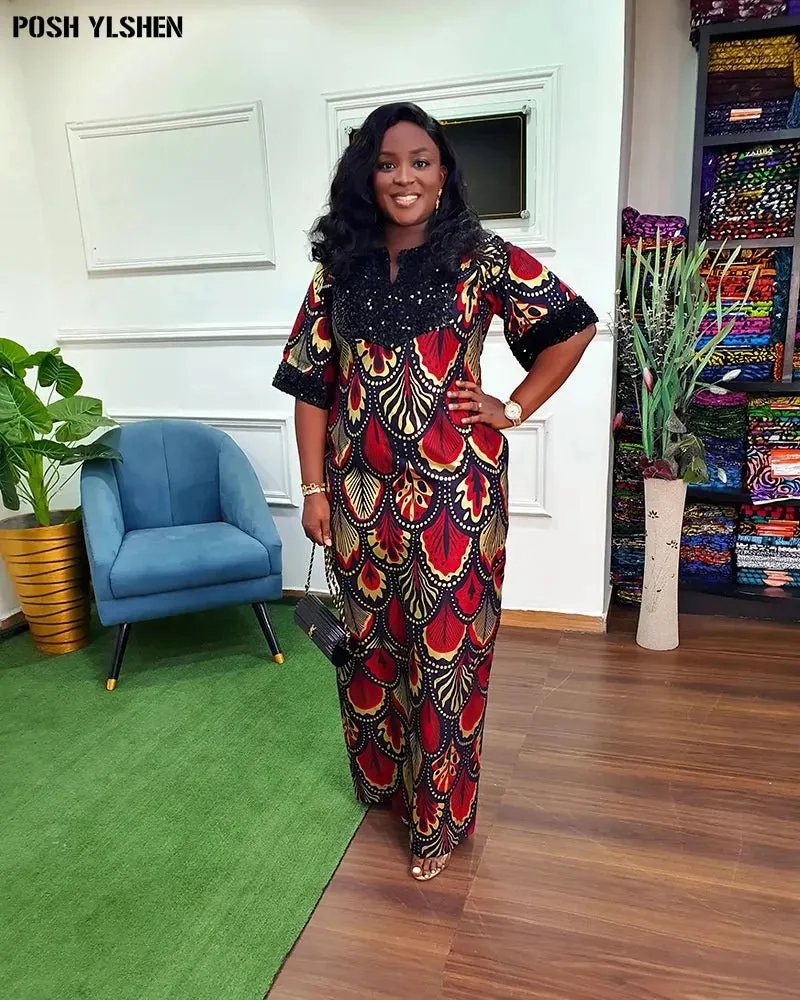 Traditional Nigerian Flower Print Slit Caftan Dress: Elegant African Long Dresses for Women, Robe Femme Clothing