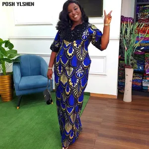 Traditional Nigerian Flower Print Slit Caftan Dress: Elegant African Long Dresses for Women, Robe Femme Clothing