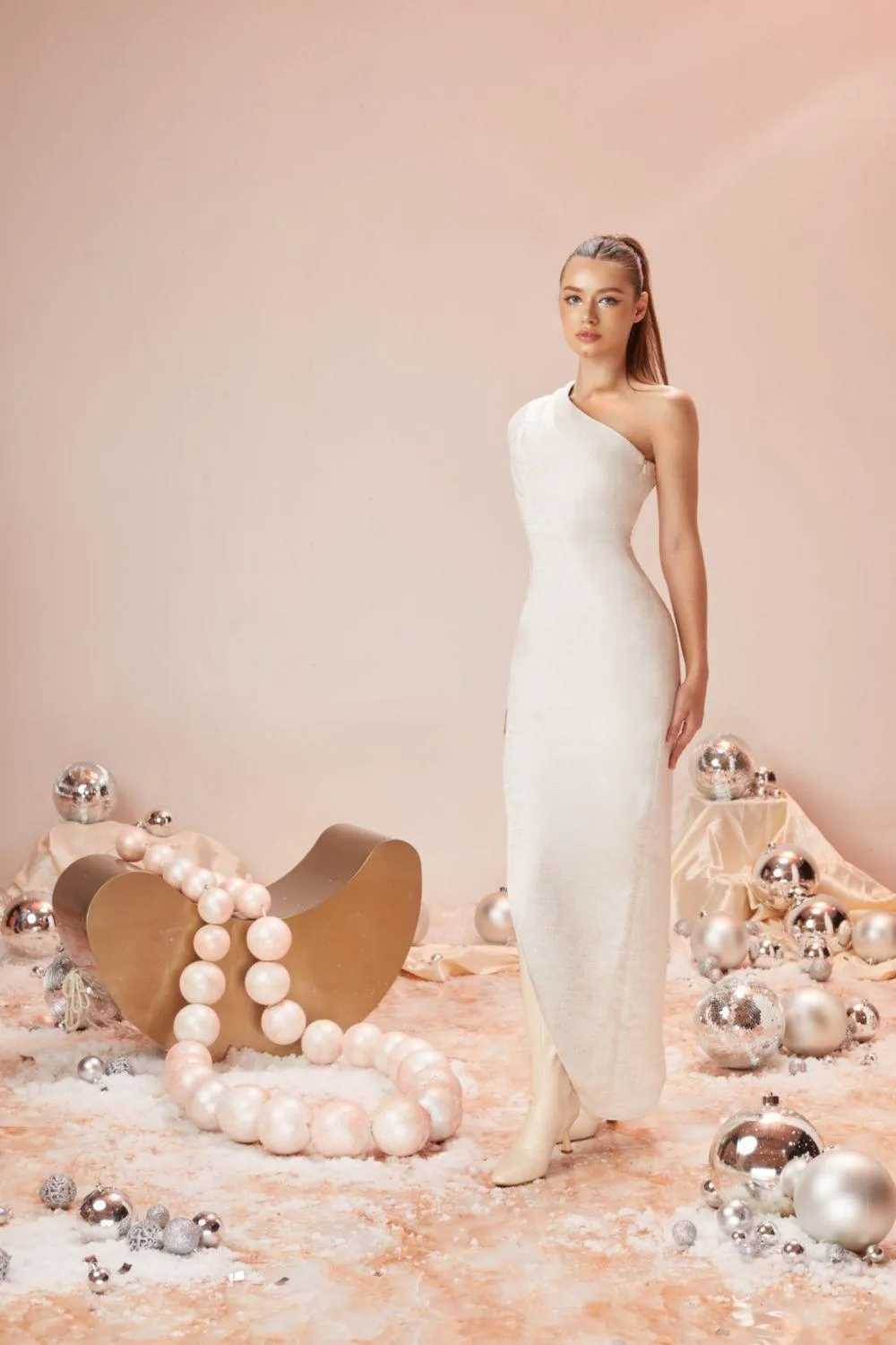 Vanilla Asymmetric Side Slit Brocade Ankle Length Dress