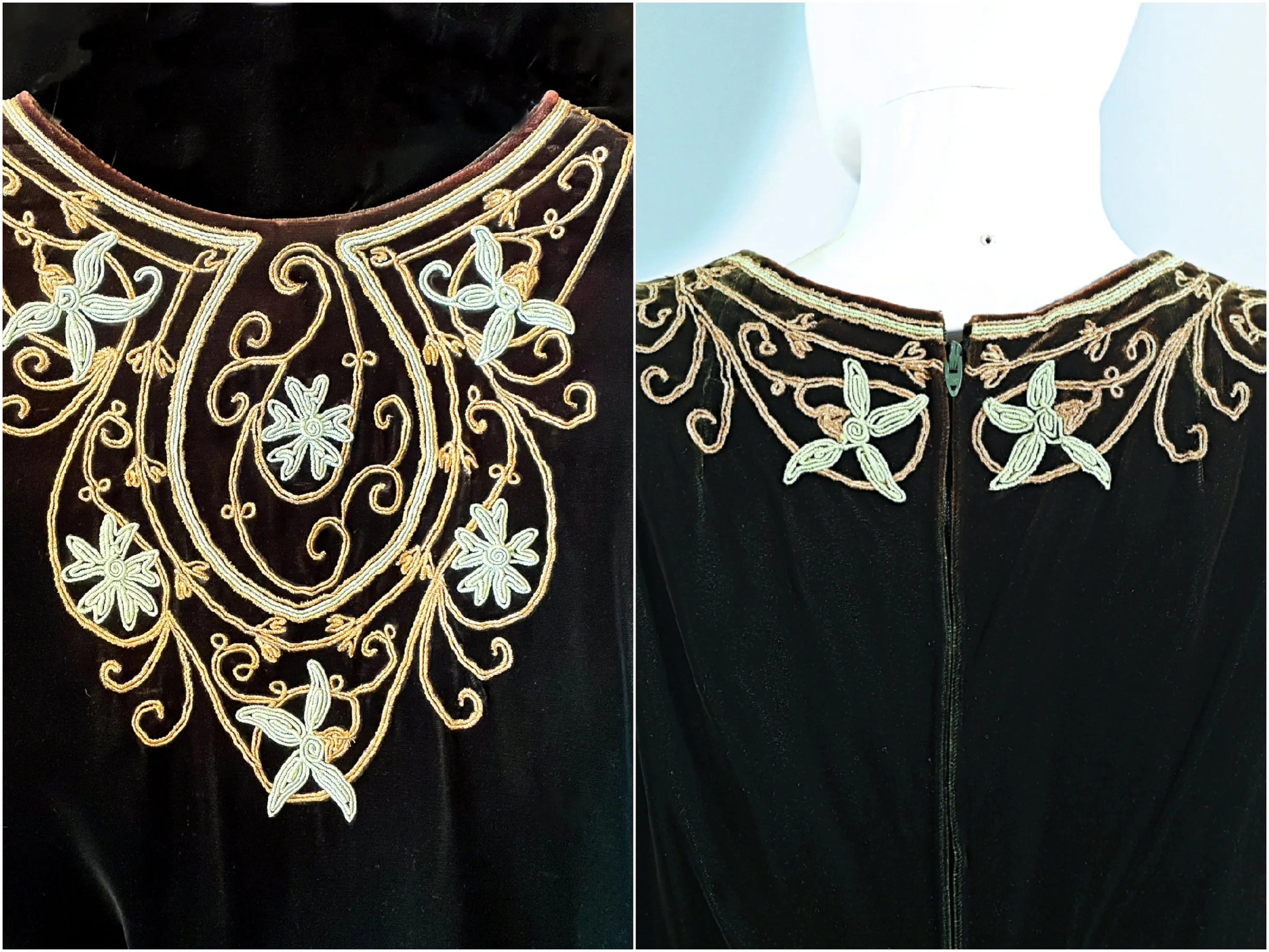 Vintage 60s Green Velvet Embroidered Caftan, I Magnin Bohemian Hippie Maxi Dress S