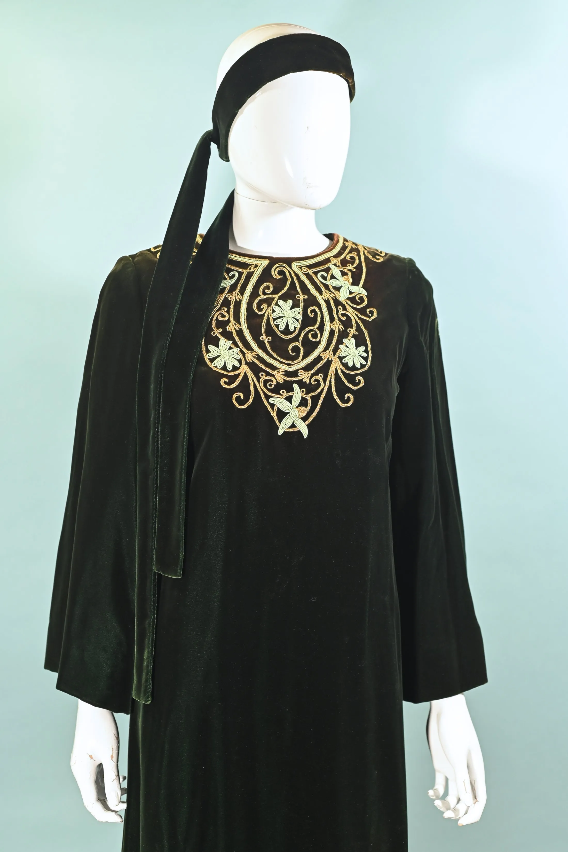 Vintage 60s Green Velvet Embroidered Caftan, I Magnin Bohemian Hippie Maxi Dress S
