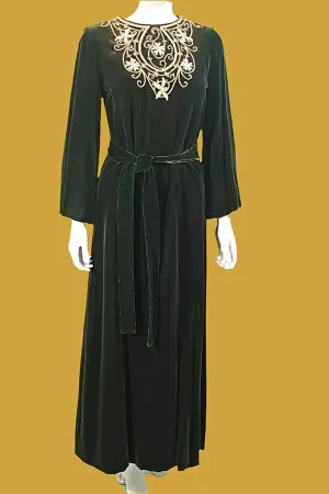 Vintage 60s Green Velvet Embroidered Caftan, I Magnin Bohemian Hippie Maxi Dress S