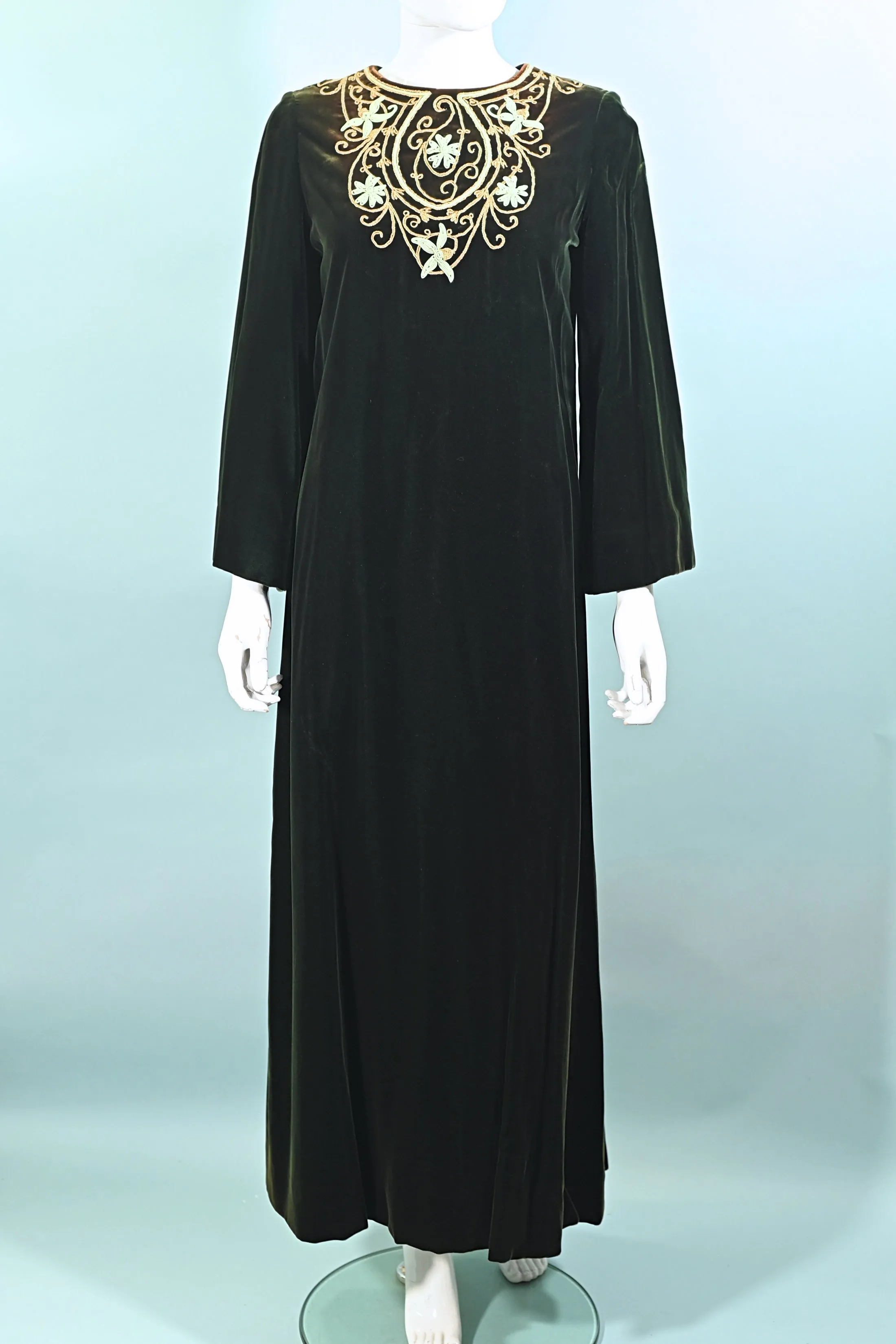 Vintage 60s Green Velvet Embroidered Caftan, I Magnin Bohemian Hippie Maxi Dress S