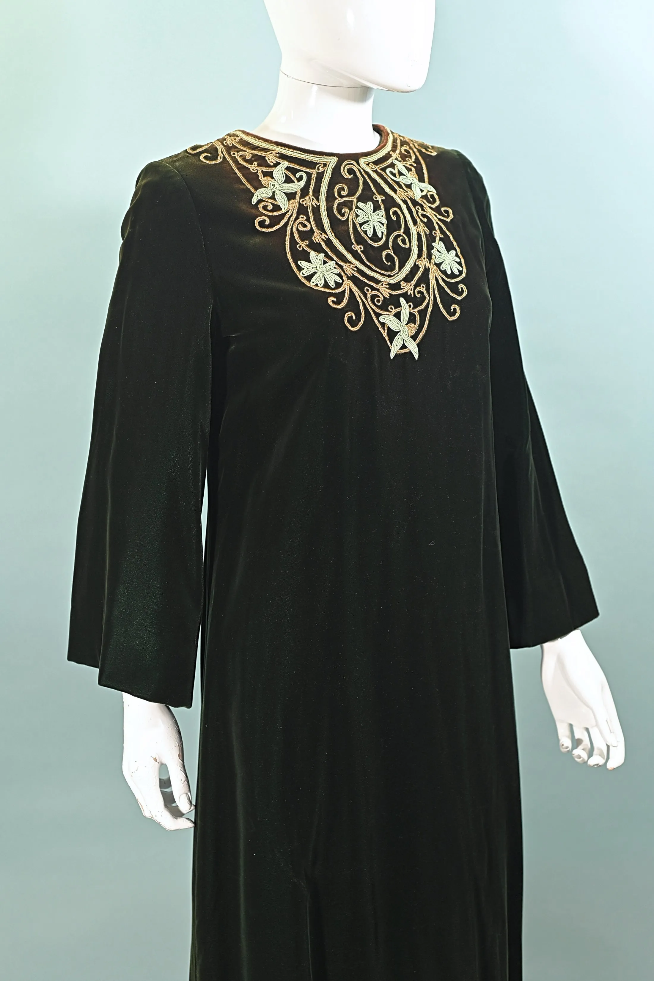 Vintage 60s Green Velvet Embroidered Caftan, I Magnin Bohemian Hippie Maxi Dress S