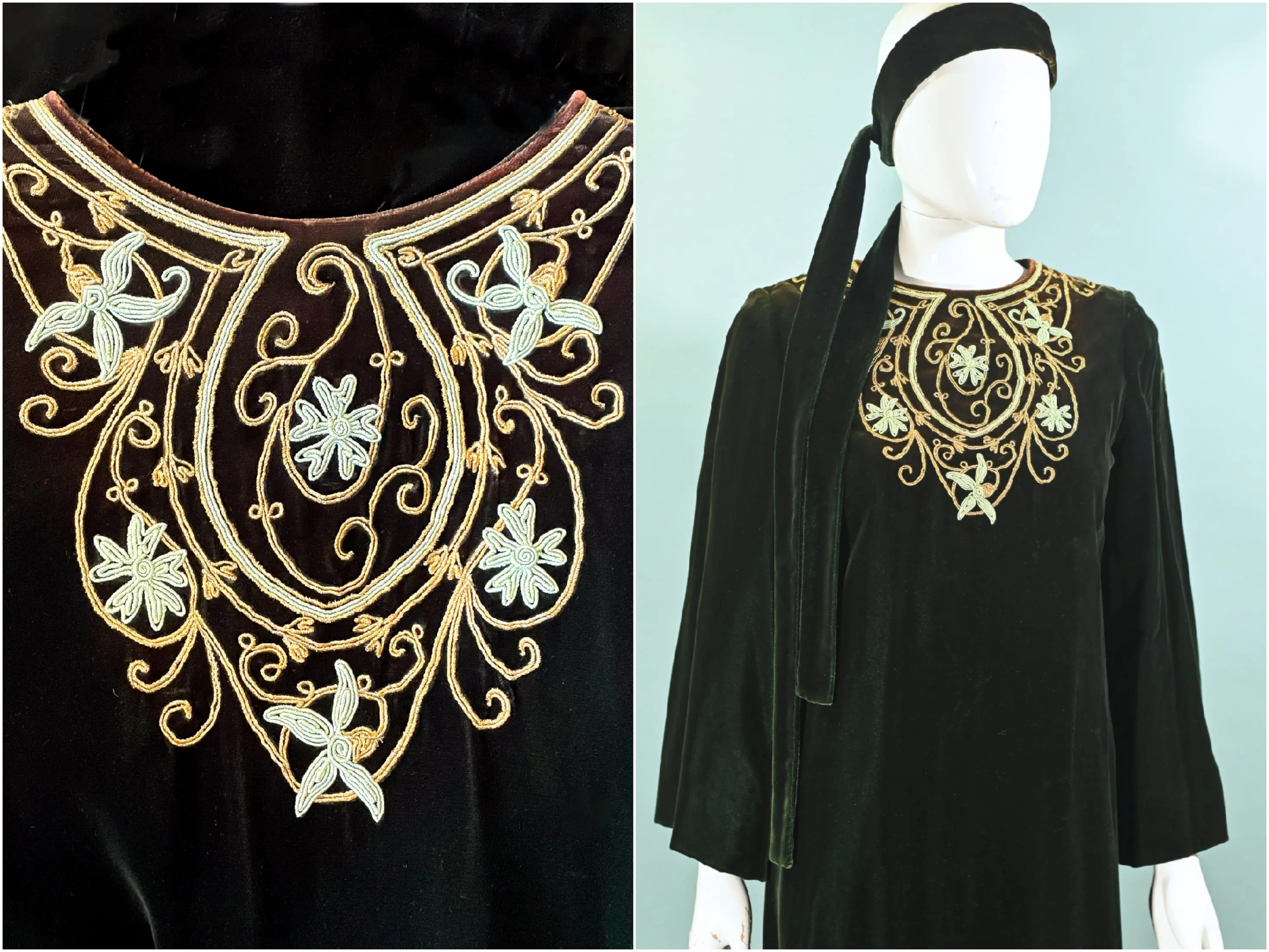 Vintage 60s Green Velvet Embroidered Caftan, I Magnin Bohemian Hippie Maxi Dress S