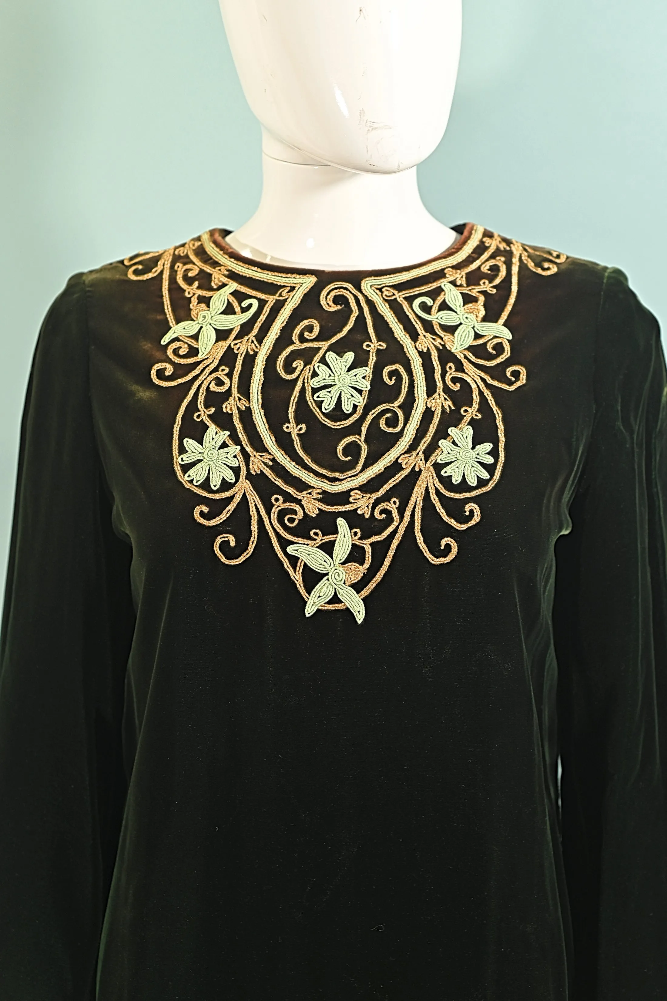 Vintage 60s Green Velvet Embroidered Caftan, I Magnin Bohemian Hippie Maxi Dress S