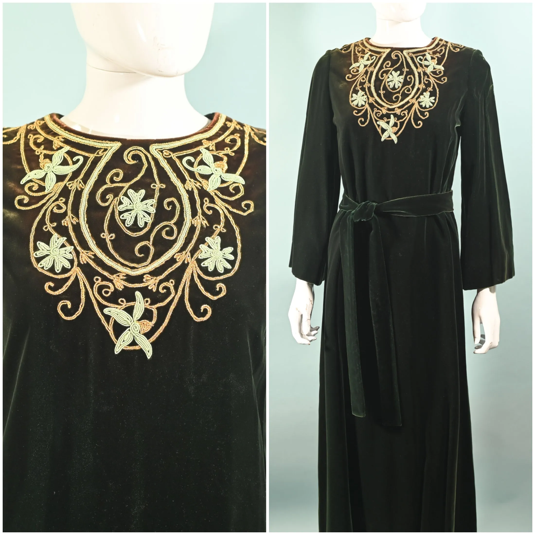 Vintage 60s Green Velvet Embroidered Caftan, I Magnin Bohemian Hippie Maxi Dress S