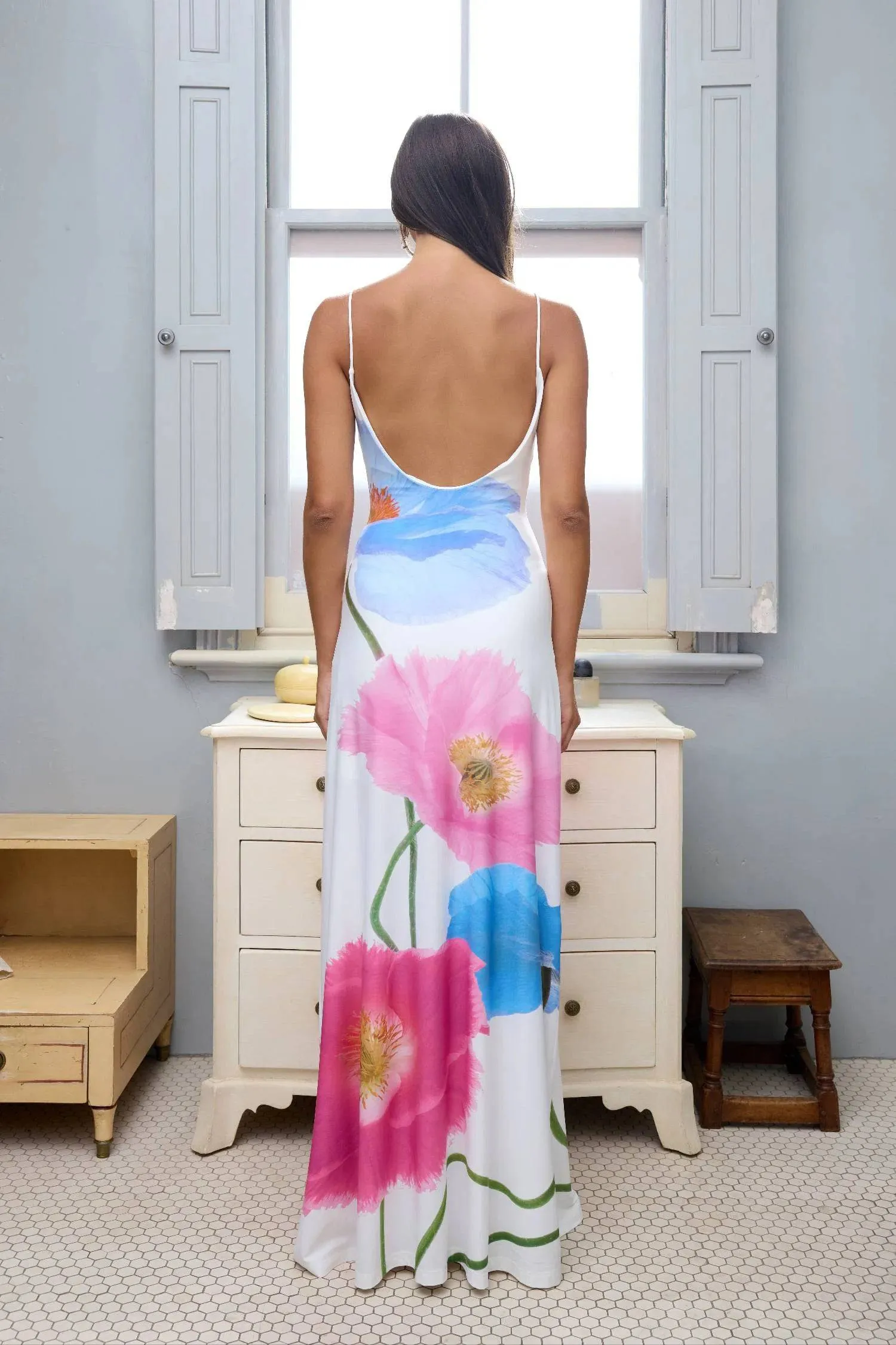 With Harper Lu - Low Back Maxi Dress in Azure Poppy