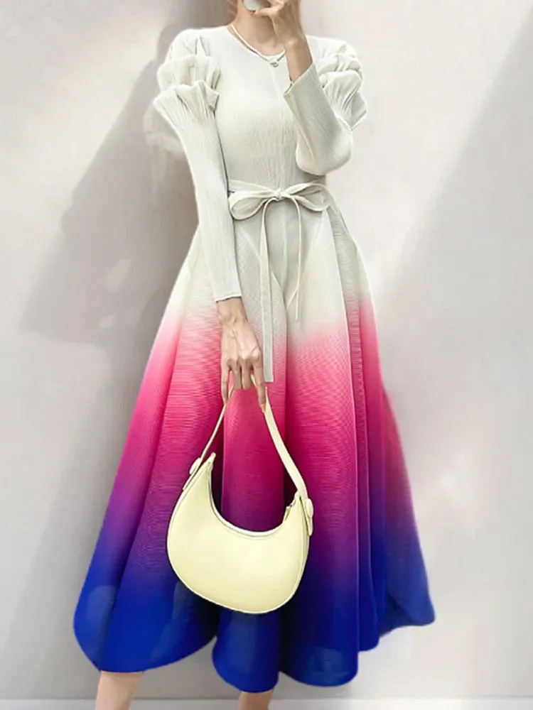 Women's Ombre Pleated Puffy Sleeve Dress