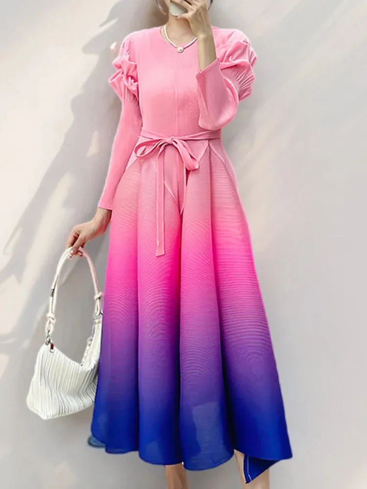 Women's Ombre Pleated Puffy Sleeve Dress