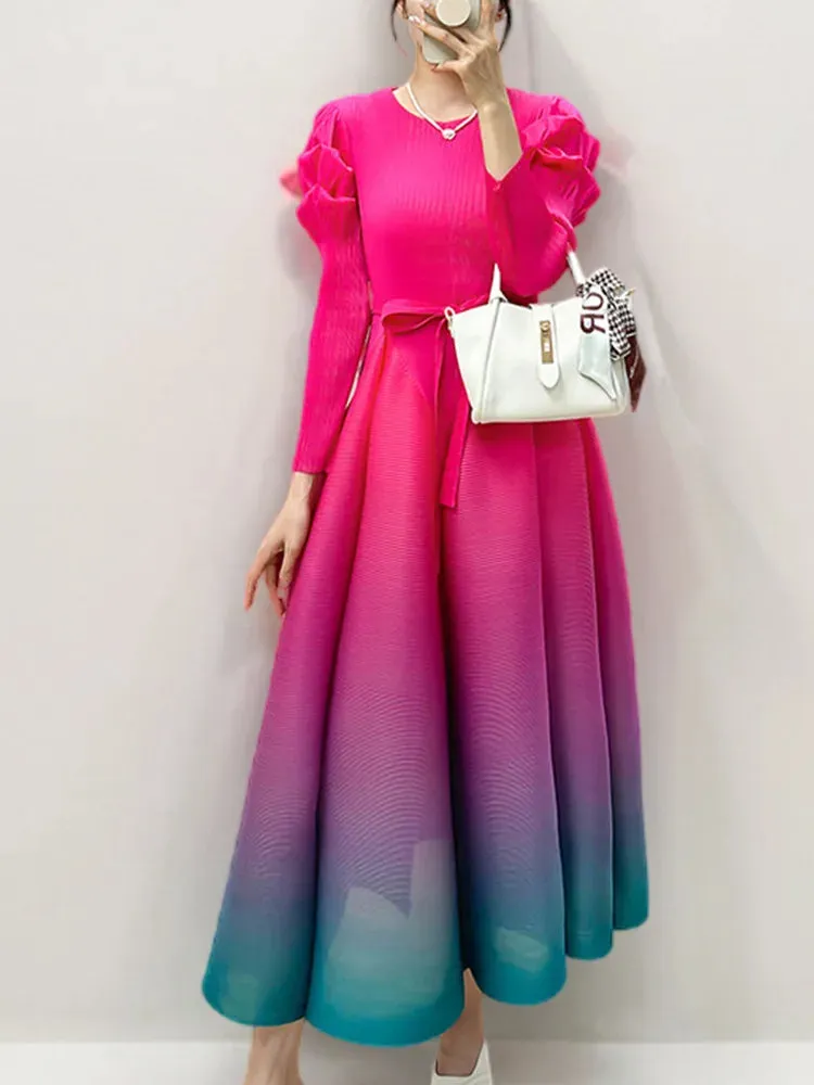 Women's Ombre Pleated Puffy Sleeve Dress