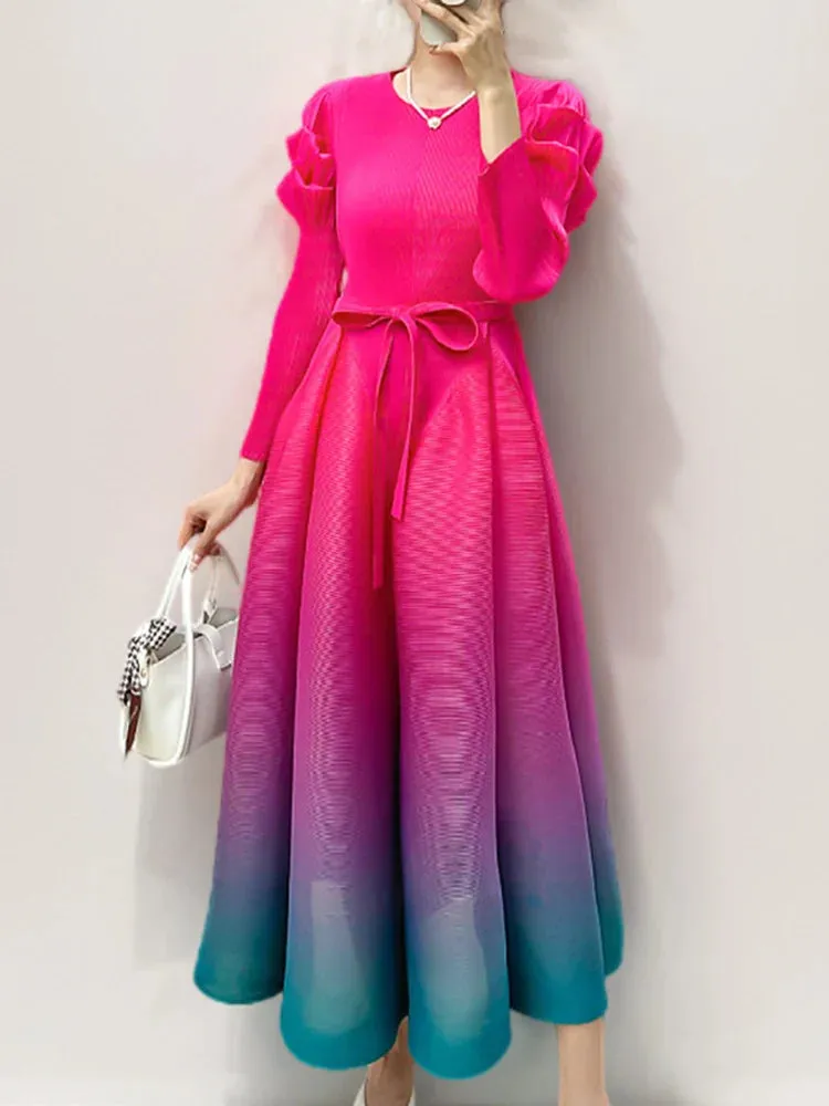 Women's Ombre Pleated Puffy Sleeve Dress