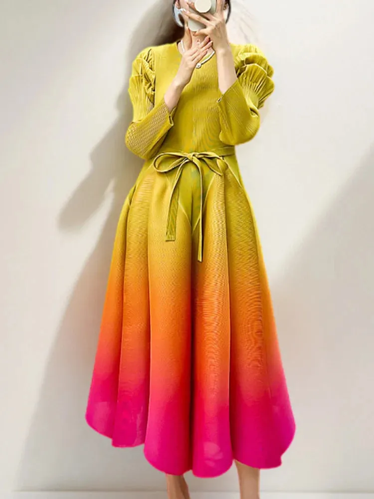 Women's Ombre Pleated Puffy Sleeve Dress