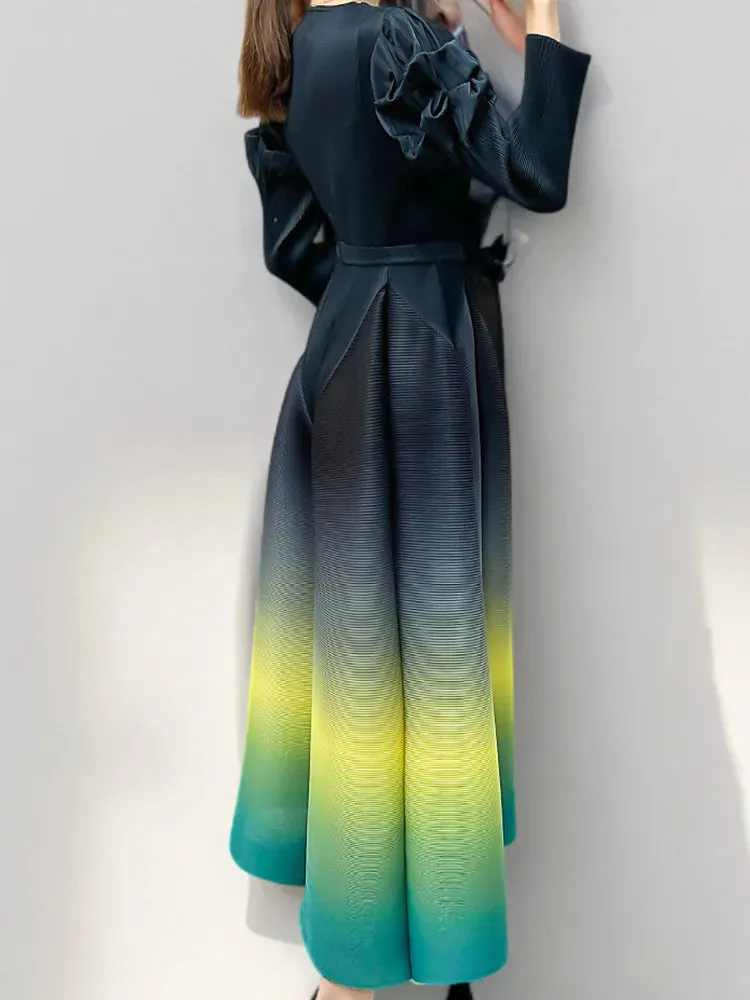 Women's Ombre Pleated Puffy Sleeve Dress