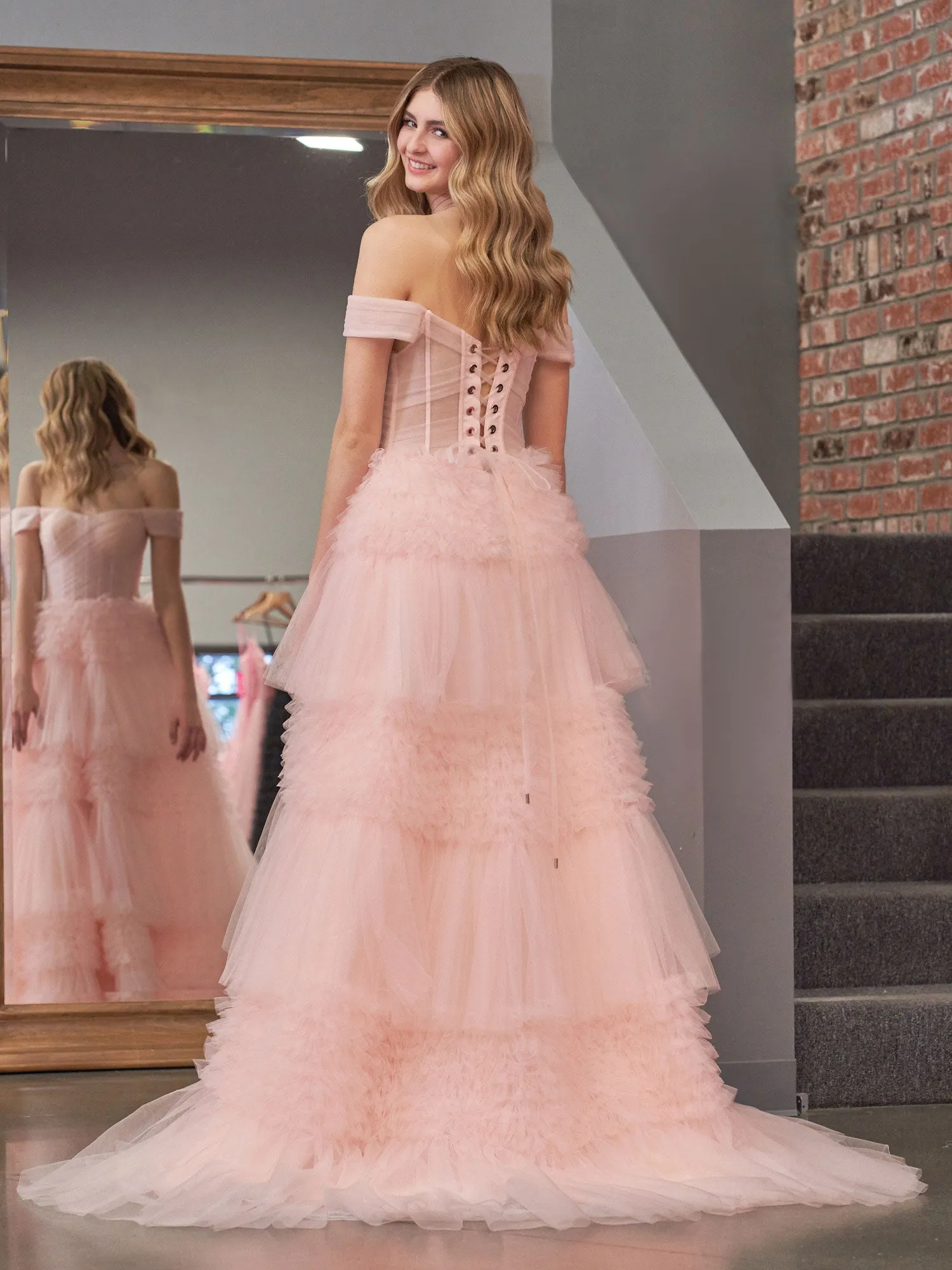Zariah | Blush Princess A line Off Shoulder Ruffled Tulle Prom Dress