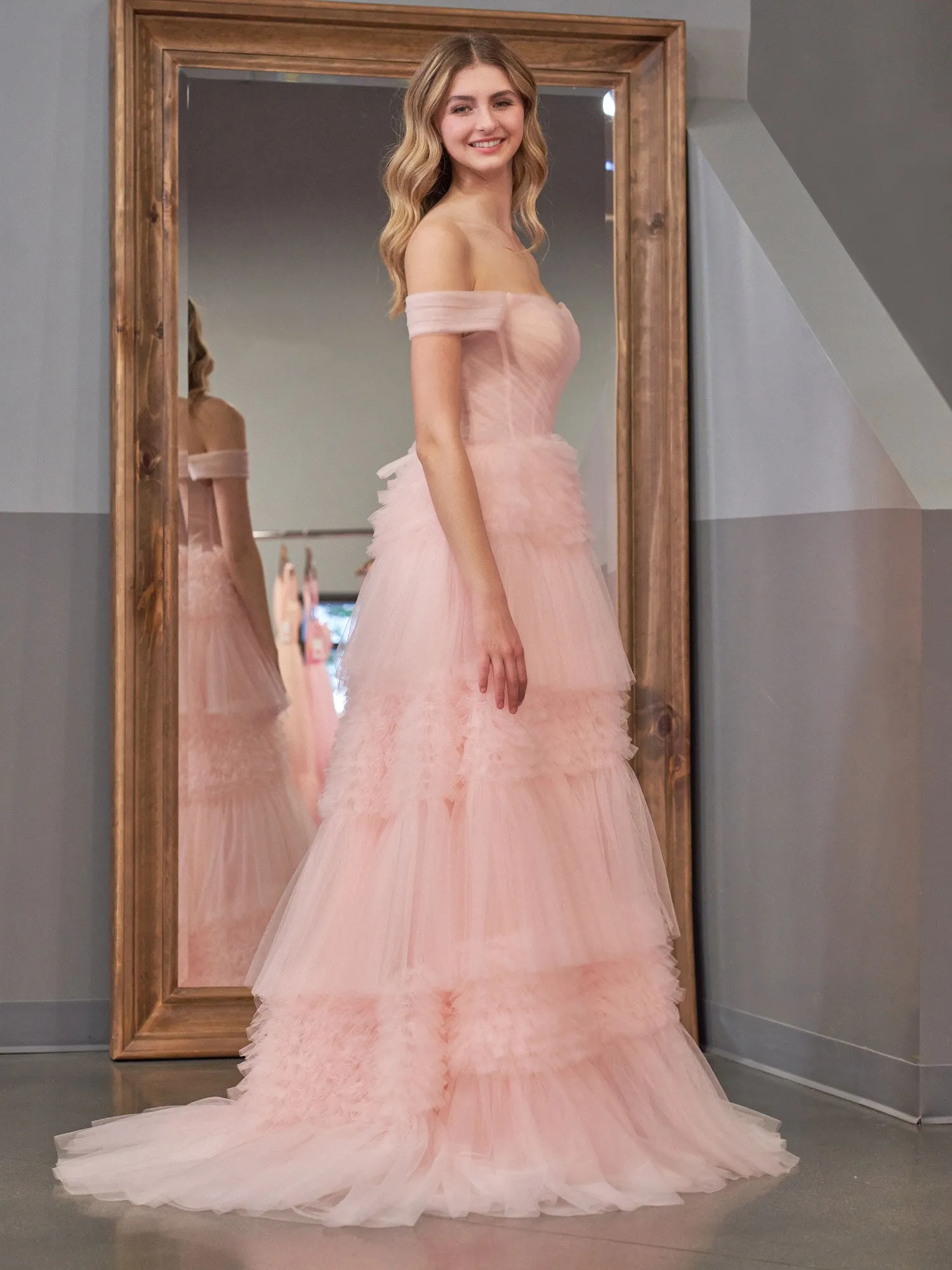 Zariah | Blush Princess A line Off Shoulder Ruffled Tulle Prom Dress