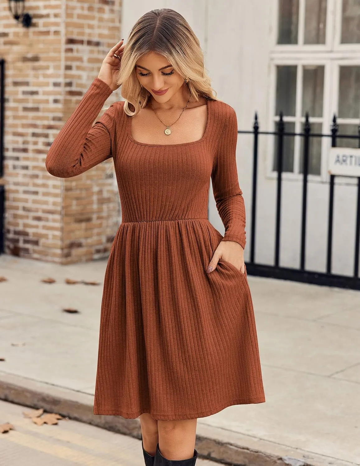 Zeagoo Womens Casual Sweater Dress Square Neck Knit Long Sleeve Dress
