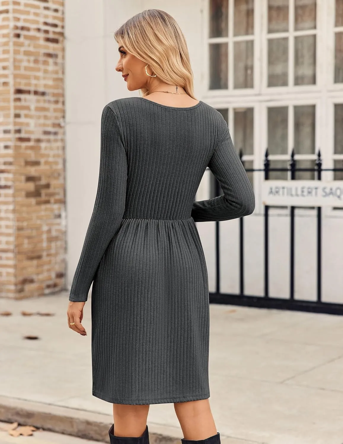 Zeagoo Womens Casual Sweater Dress Square Neck Knit Long Sleeve Dress
