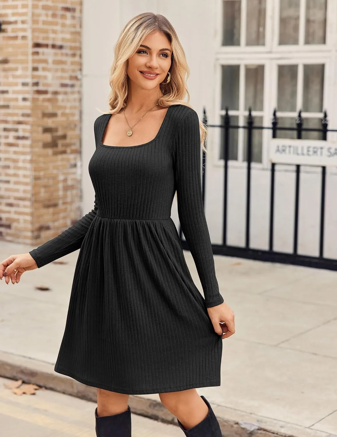 Zeagoo Womens Casual Sweater Dress Square Neck Knit Long Sleeve Dress
