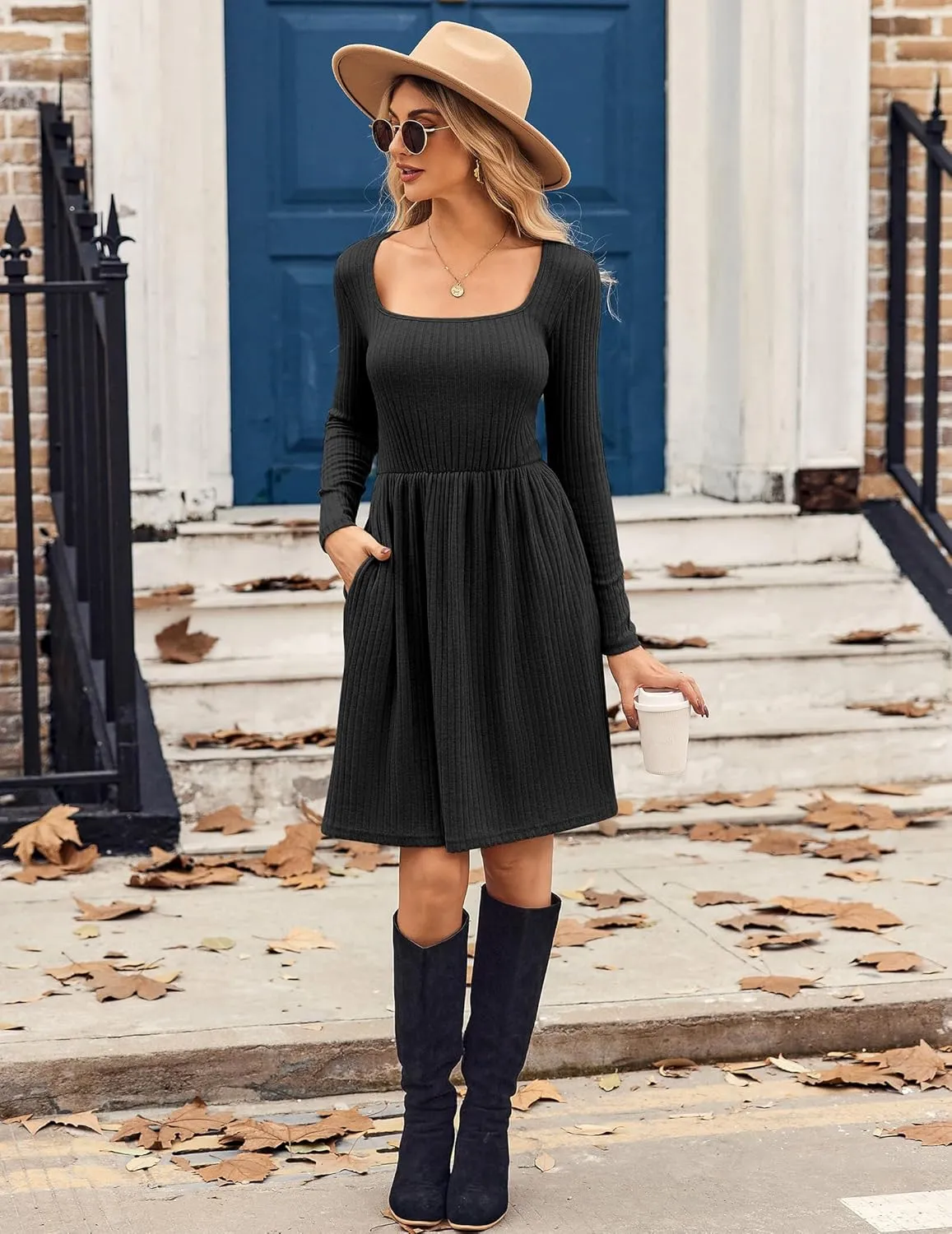 Zeagoo Womens Casual Sweater Dress Square Neck Knit Long Sleeve Dress