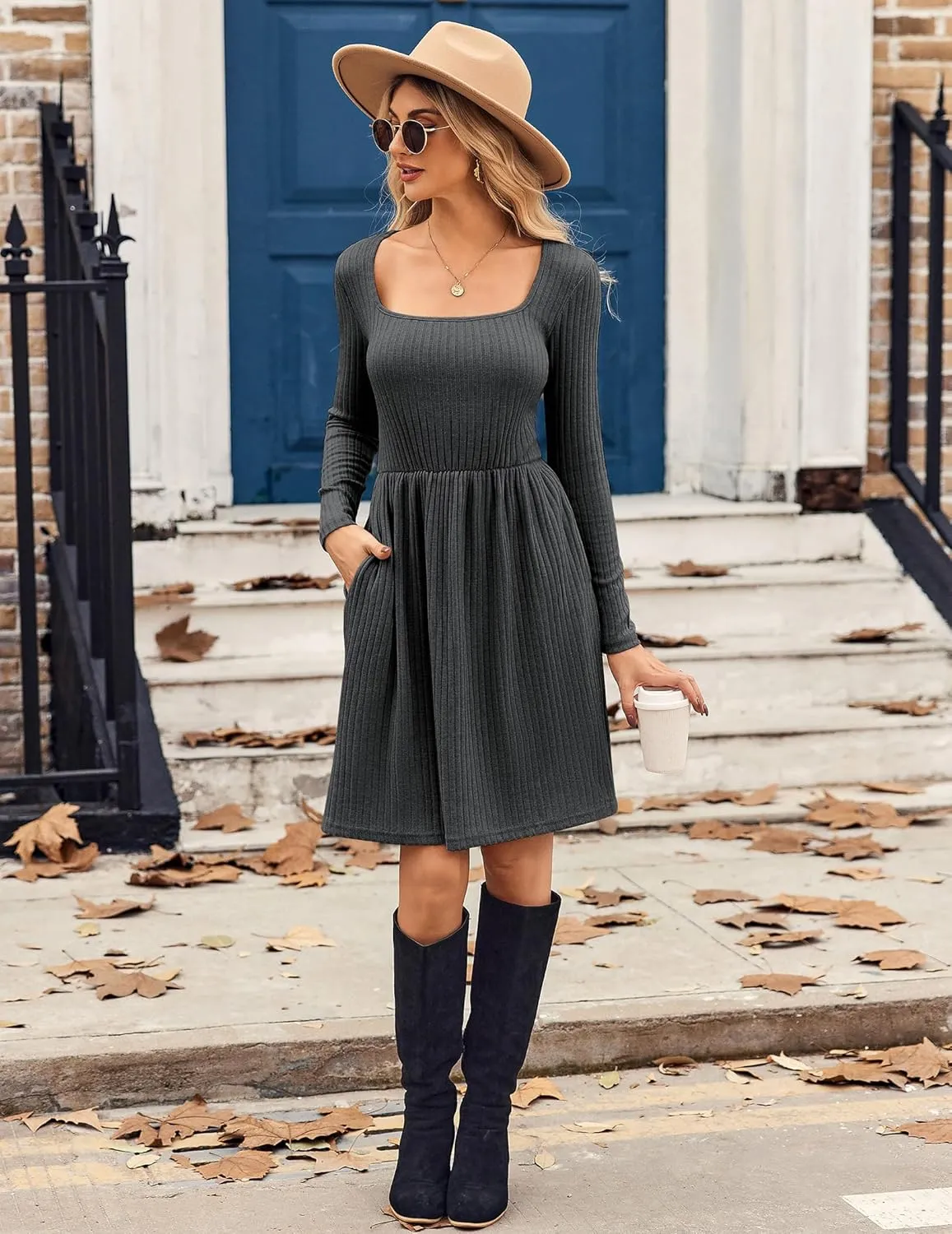 Zeagoo Womens Casual Sweater Dress Square Neck Knit Long Sleeve Dress