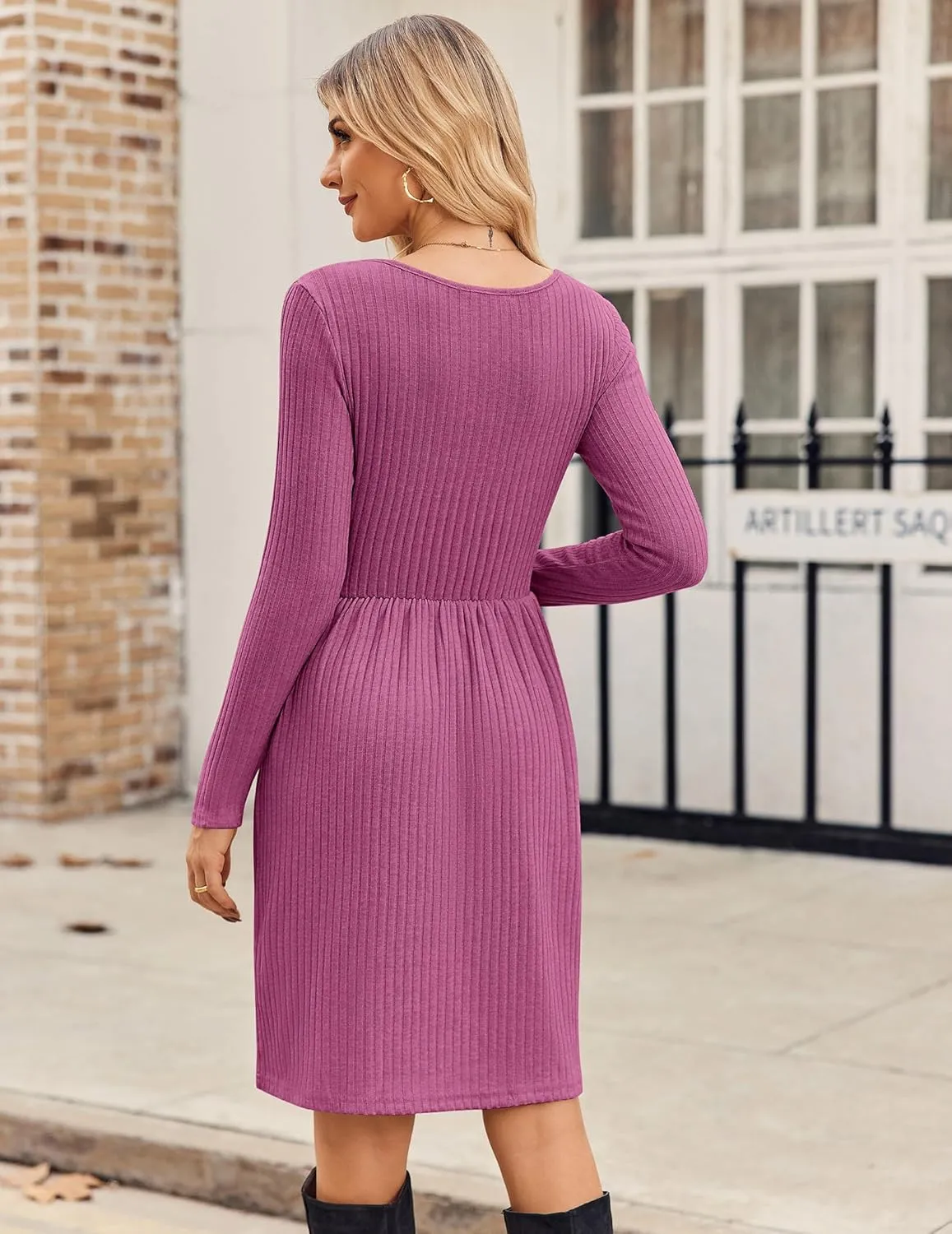 Zeagoo Womens Casual Sweater Dress Square Neck Knit Long Sleeve Dress