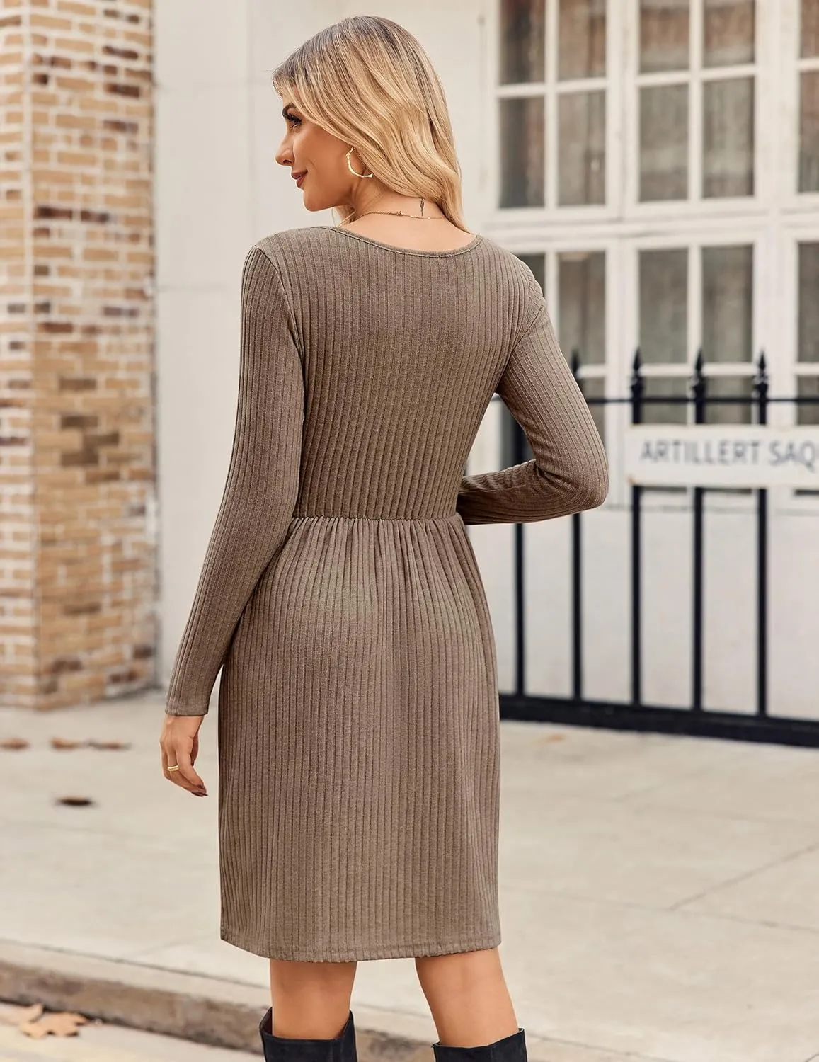 Zeagoo Womens Casual Sweater Dress Square Neck Knit Long Sleeve Dress