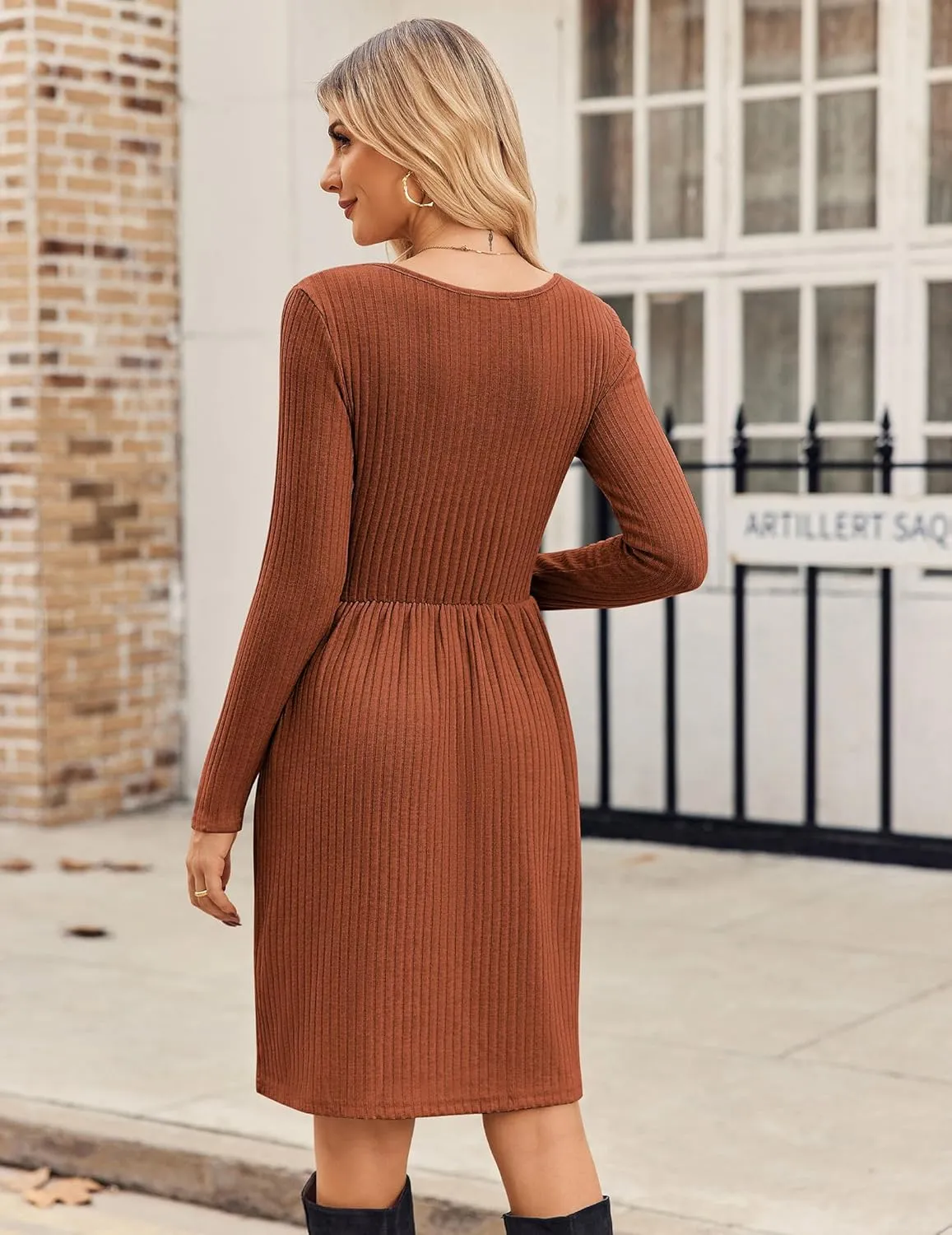 Zeagoo Womens Casual Sweater Dress Square Neck Knit Long Sleeve Dress