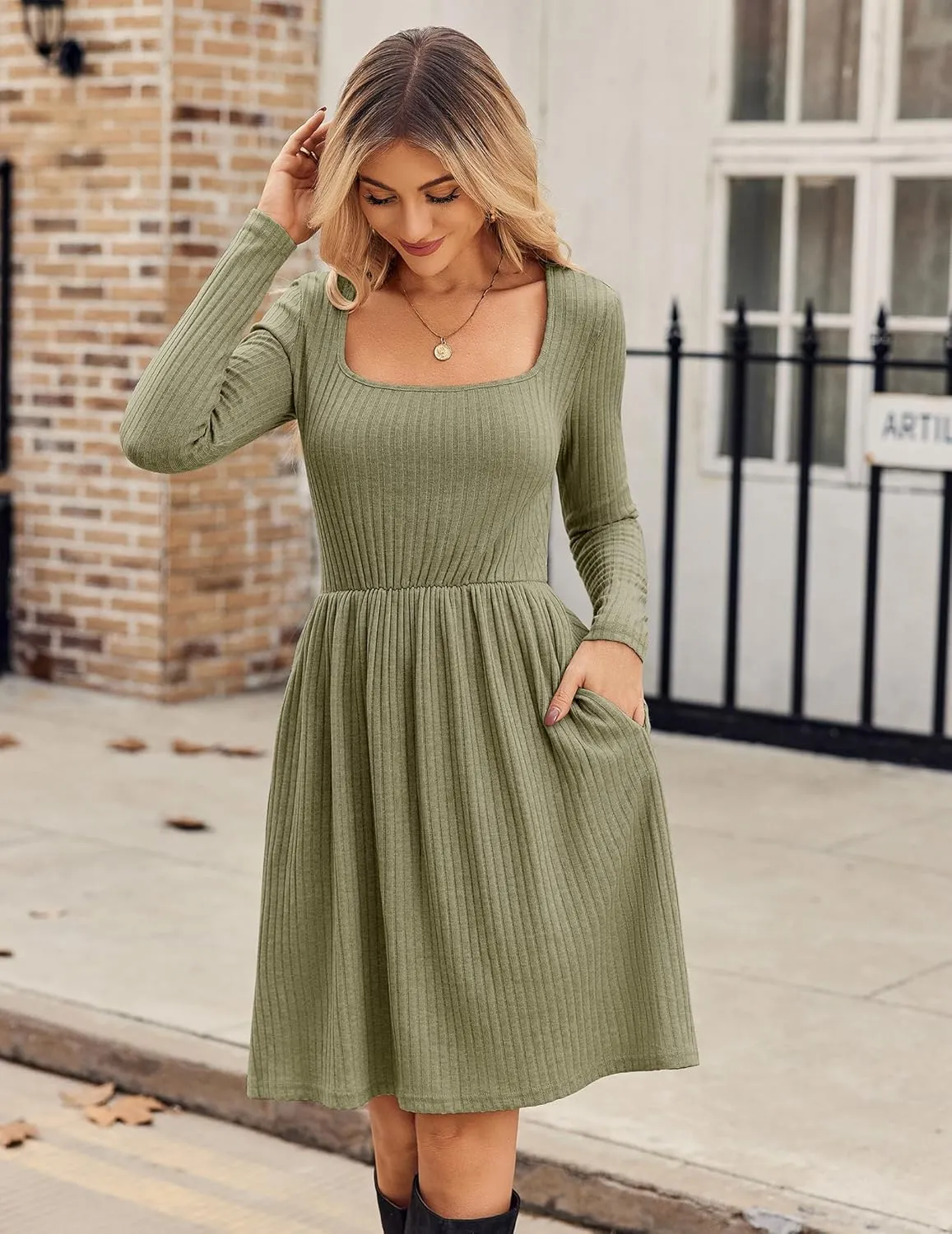 Zeagoo Womens Casual Sweater Dress Square Neck Knit Long Sleeve Dress