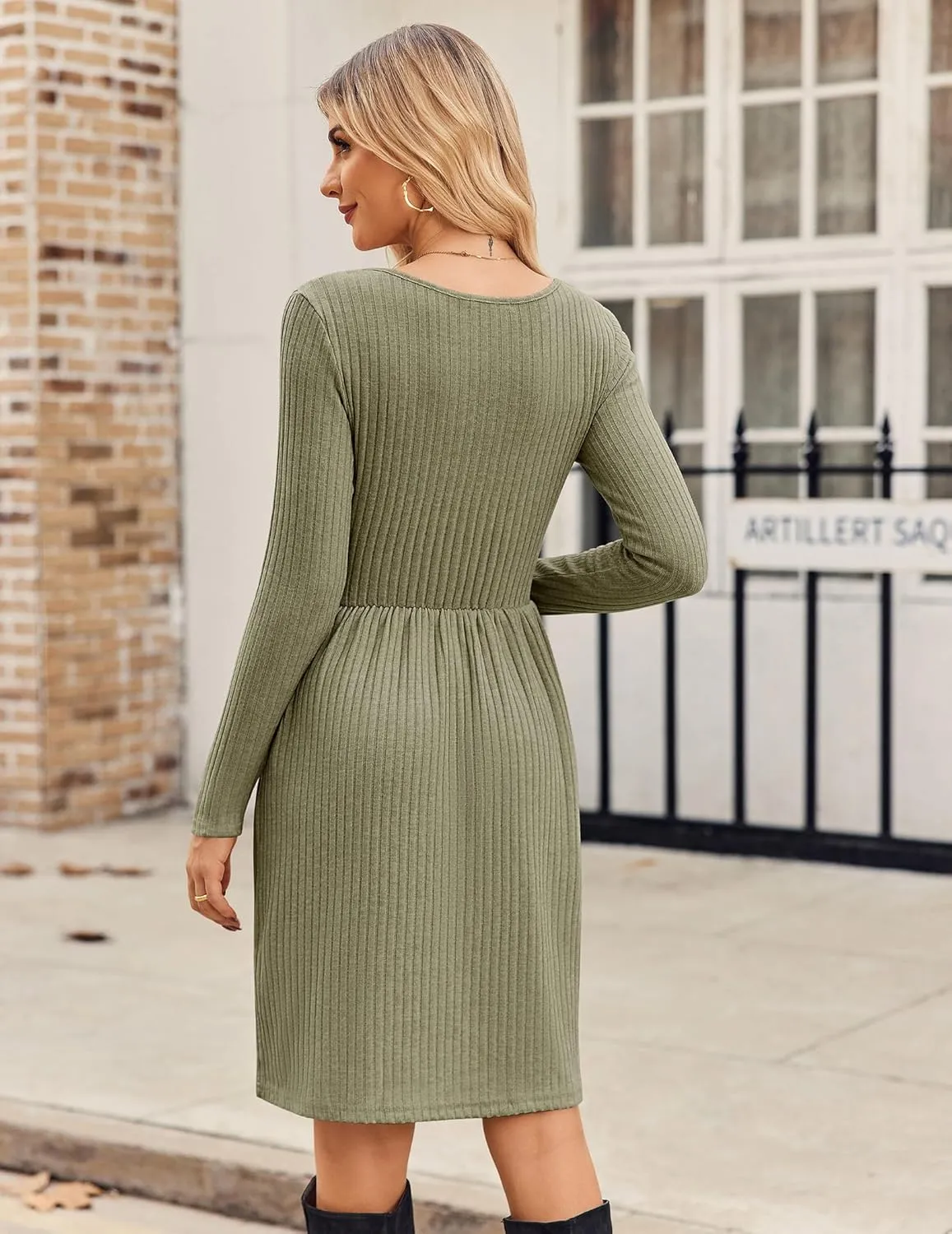 Zeagoo Womens Casual Sweater Dress Square Neck Knit Long Sleeve Dress