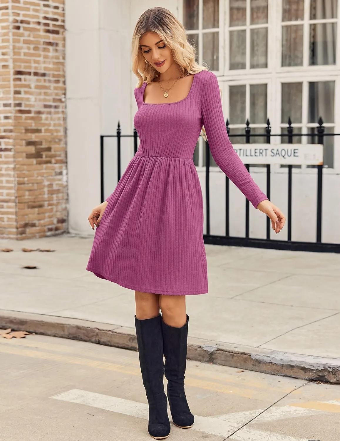 Zeagoo Womens Casual Sweater Dress Square Neck Knit Long Sleeve Dress