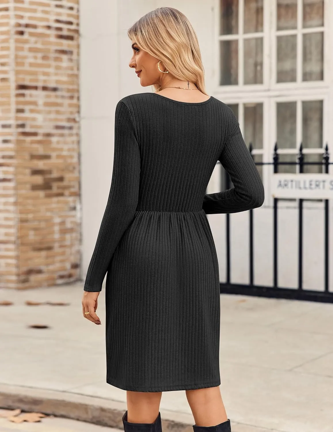 Zeagoo Womens Casual Sweater Dress Square Neck Knit Long Sleeve Dress