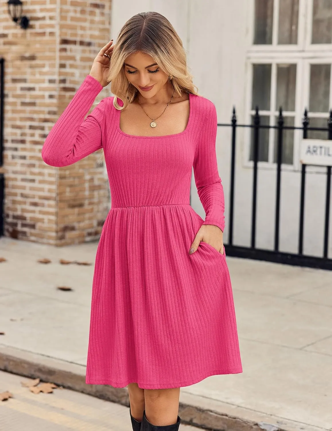 Zeagoo Womens Casual Sweater Dress Square Neck Knit Long Sleeve Dress