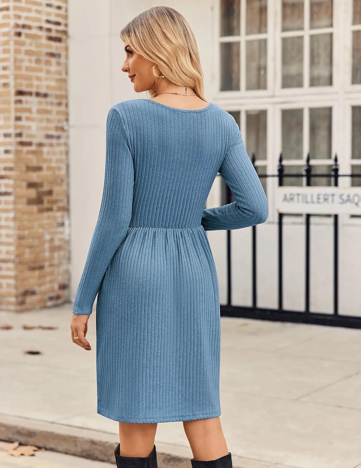 Zeagoo Womens Casual Sweater Dress Square Neck Knit Long Sleeve Dress