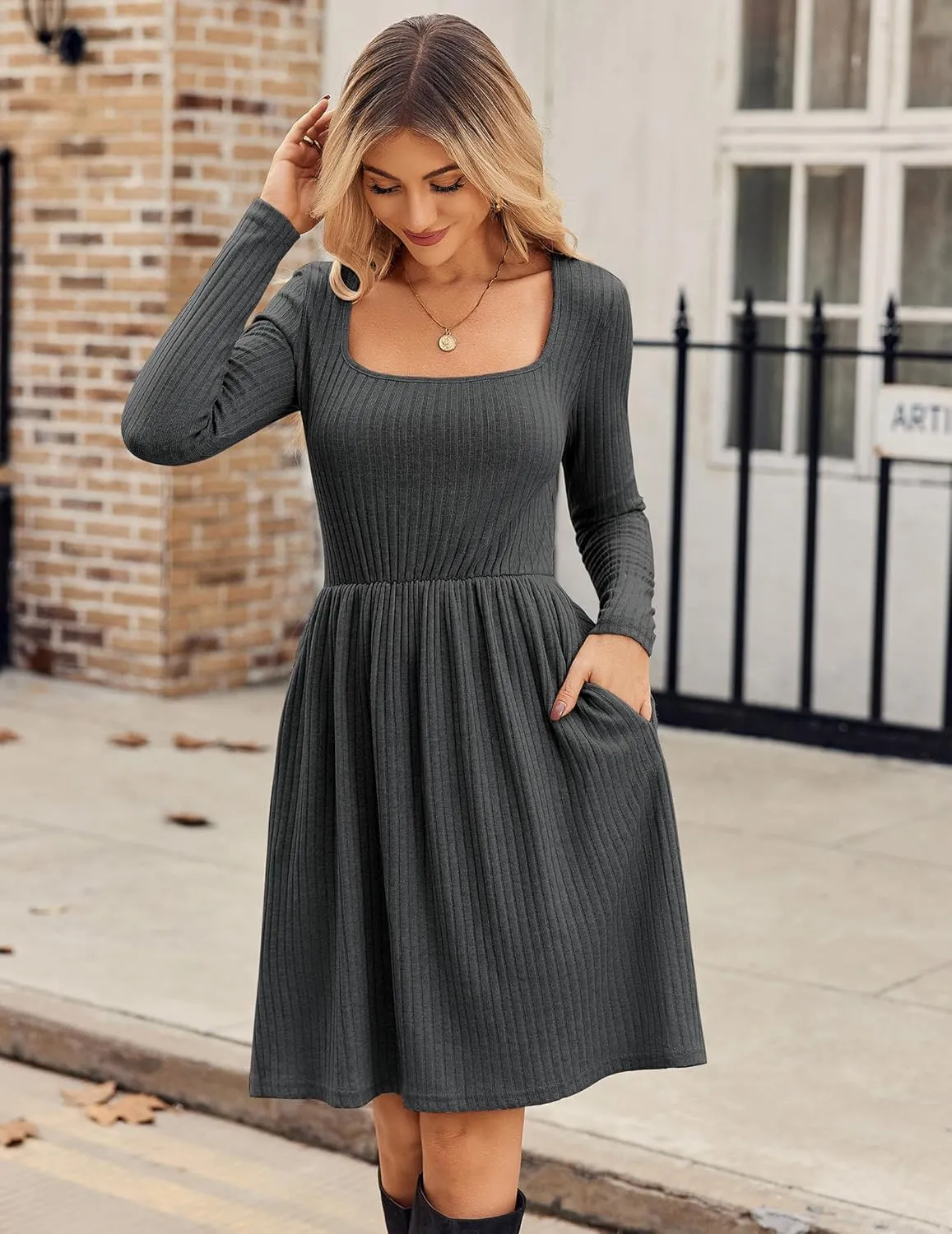 Zeagoo Womens Casual Sweater Dress Square Neck Knit Long Sleeve Dress