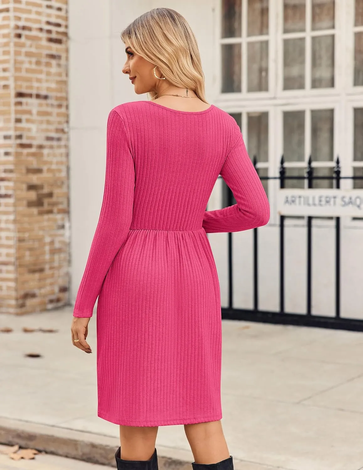 Zeagoo Womens Casual Sweater Dress Square Neck Knit Long Sleeve Dress