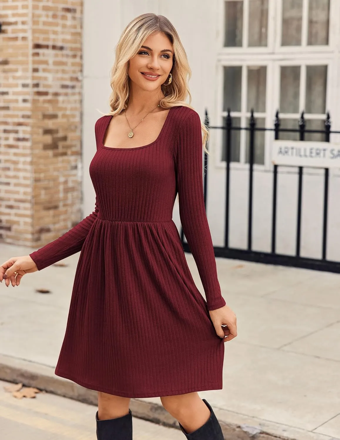Zeagoo Womens Casual Sweater Dress Square Neck Knit Long Sleeve Dress