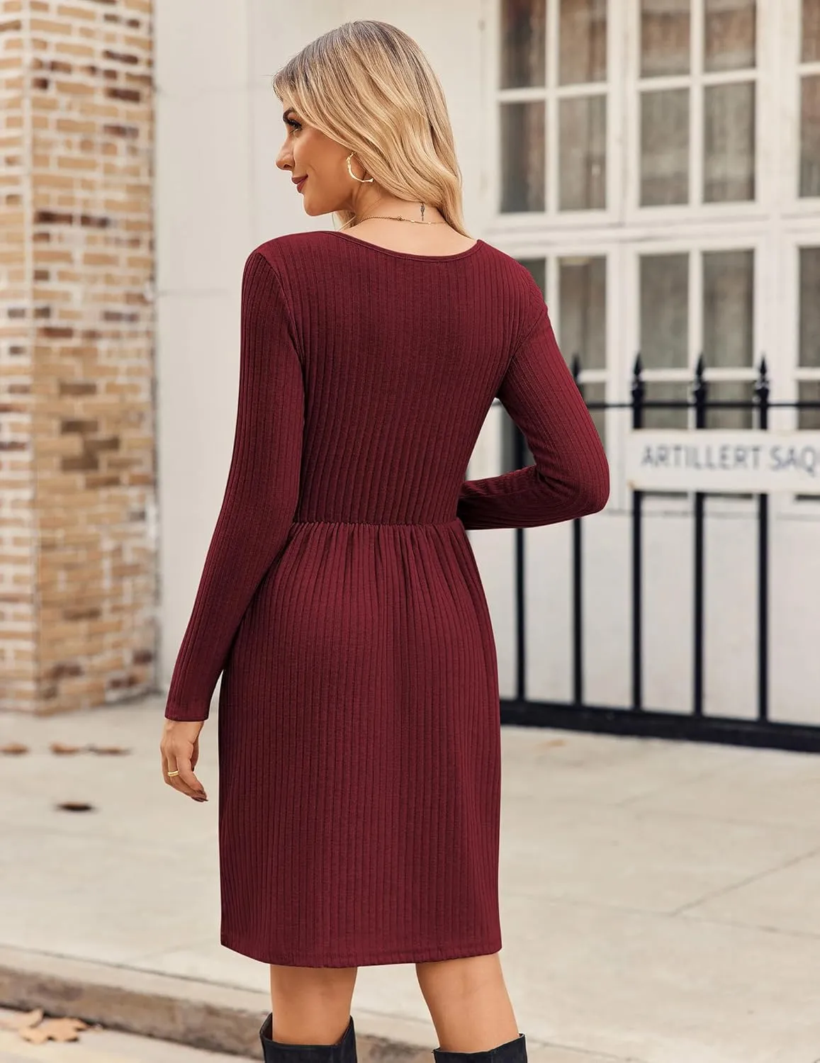 Zeagoo Womens Casual Sweater Dress Square Neck Knit Long Sleeve Dress